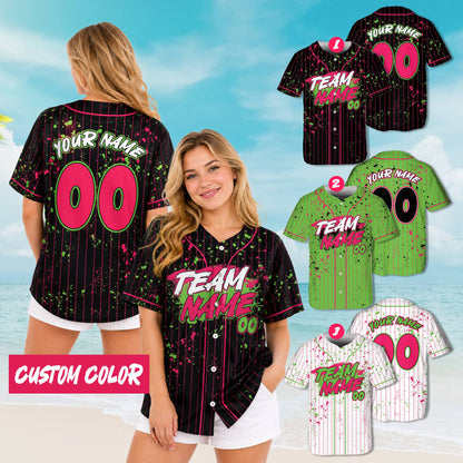 Adult wearing a personalized paint splatter baseball jersey in a lifestyle setting