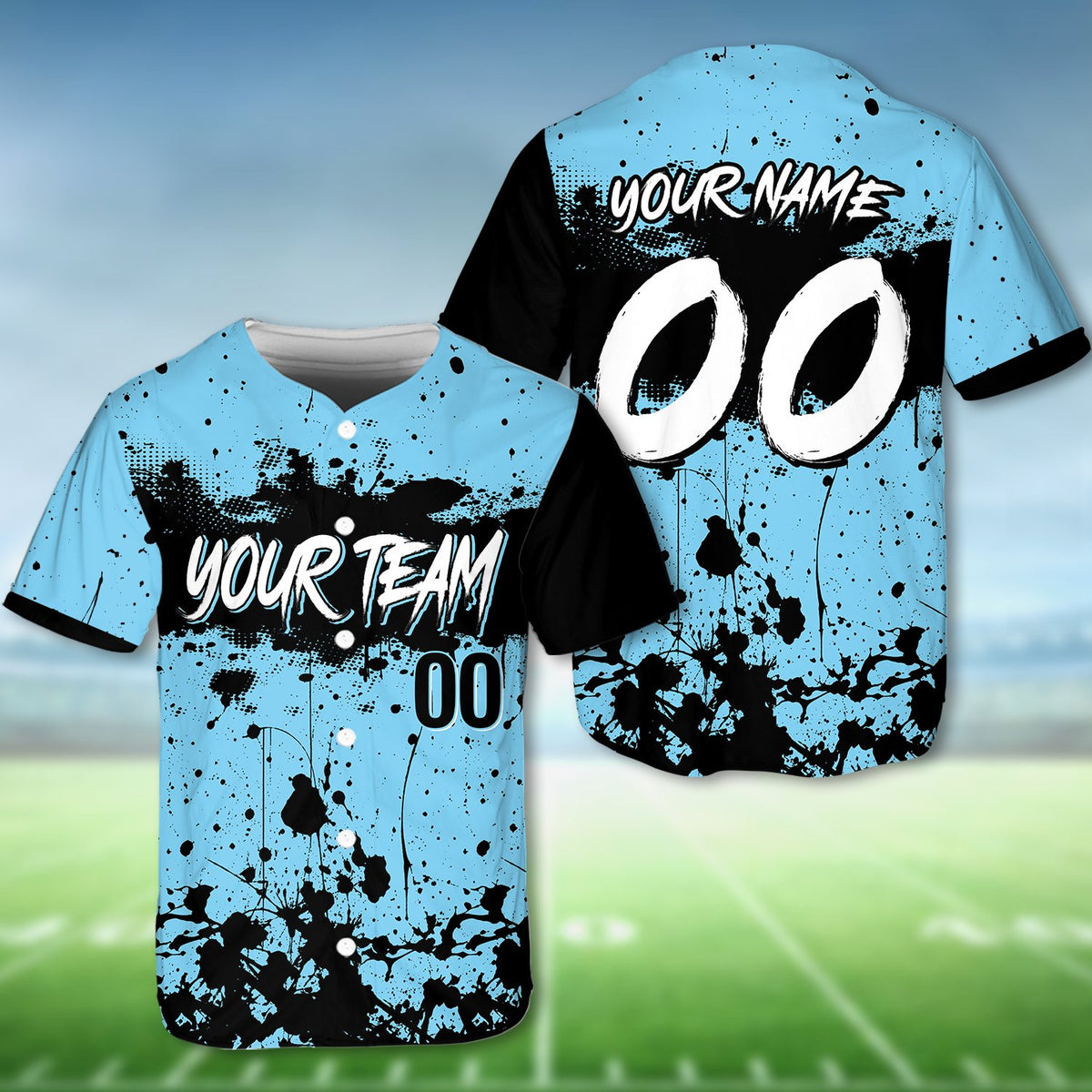 Personalized blue paint splatter baseball jersey, detailed front view