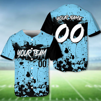 Personalized blue paint splatter baseball jersey, detailed front view