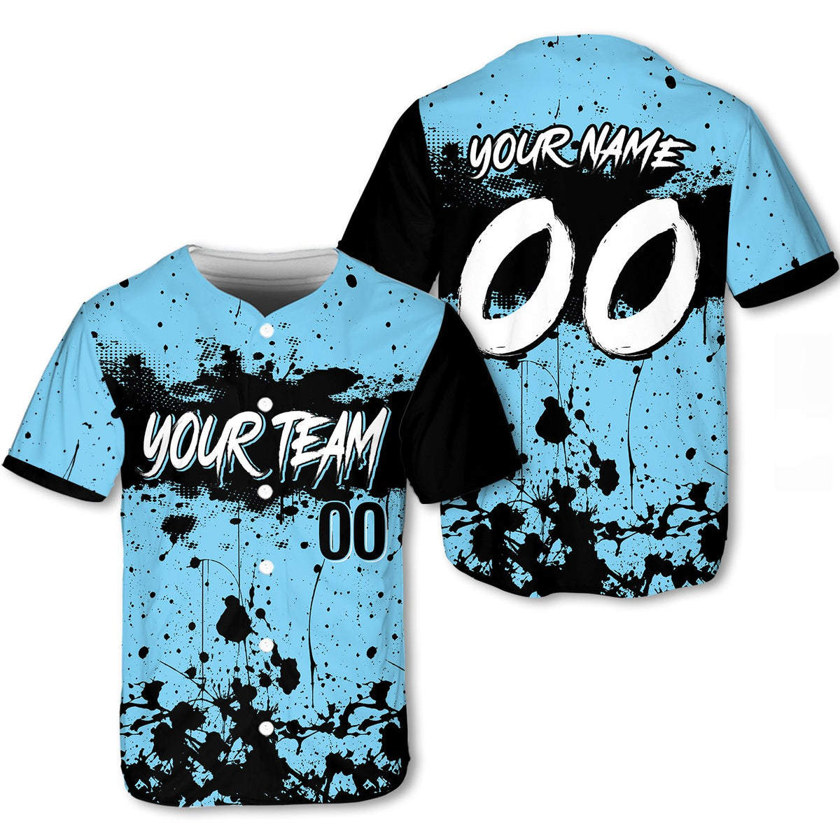 Personalized blue paint splatter baseball jersey, alternate view