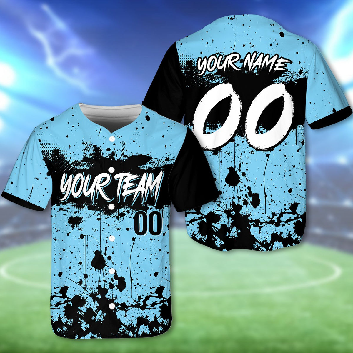 Personalized blue paint splatter baseball jersey, front view