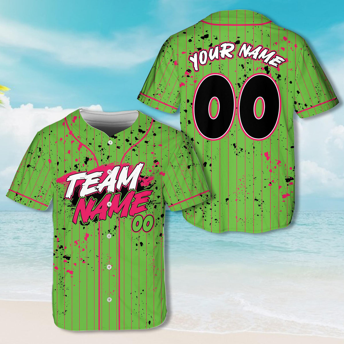 Green paint splatter baseball jersey featuring pinstripes and graffiti font