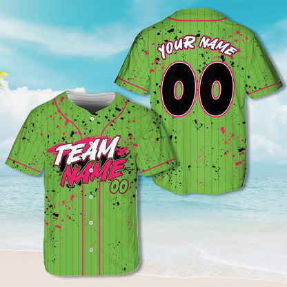 Green paint splatter baseball jersey featuring pinstripes and graffiti font