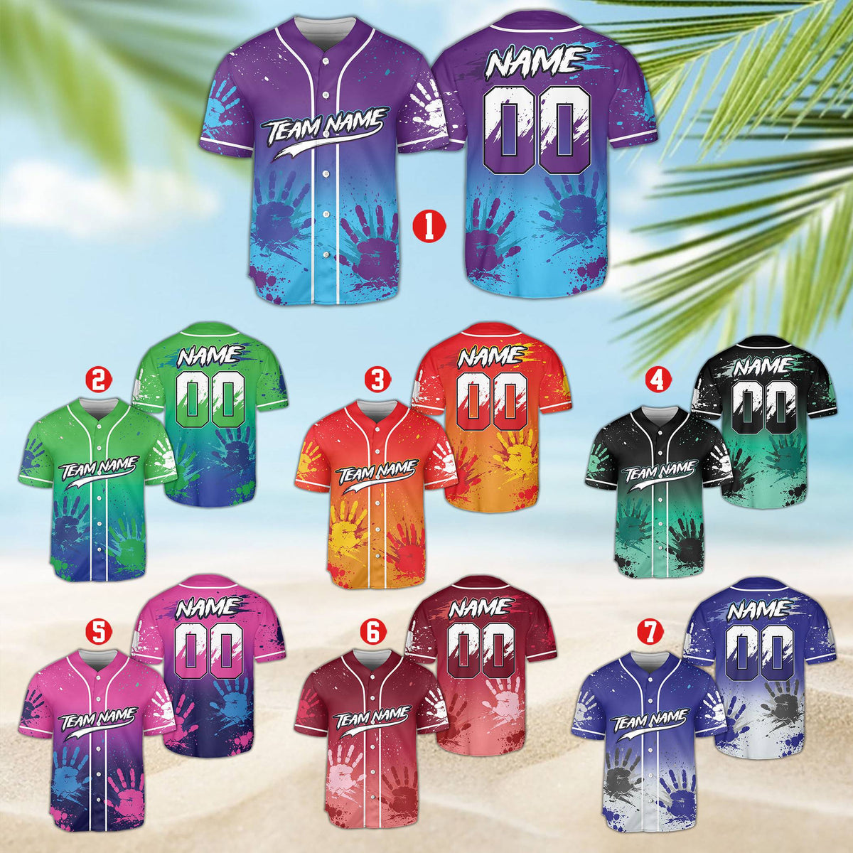 Multicolor paint baseball jersey with custom name and number, main view