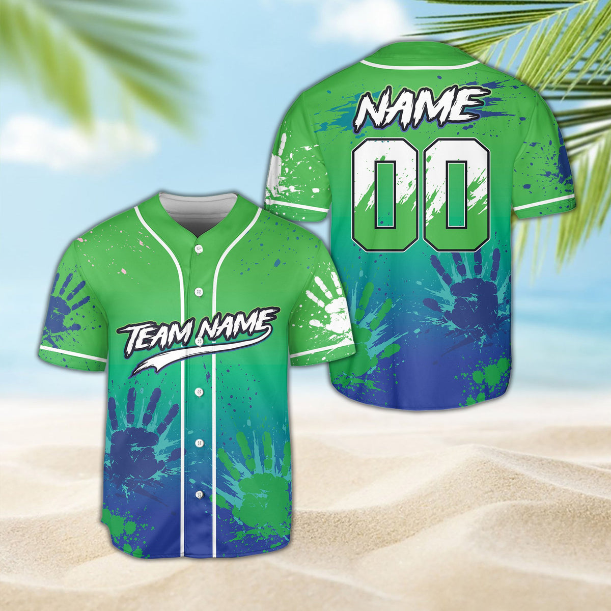 Detail view of the paint splatter baseball jersey front