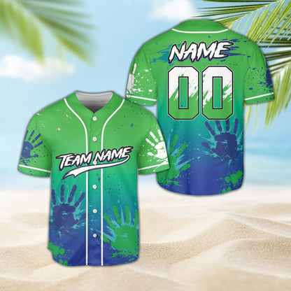 Detail view of the paint splatter baseball jersey front