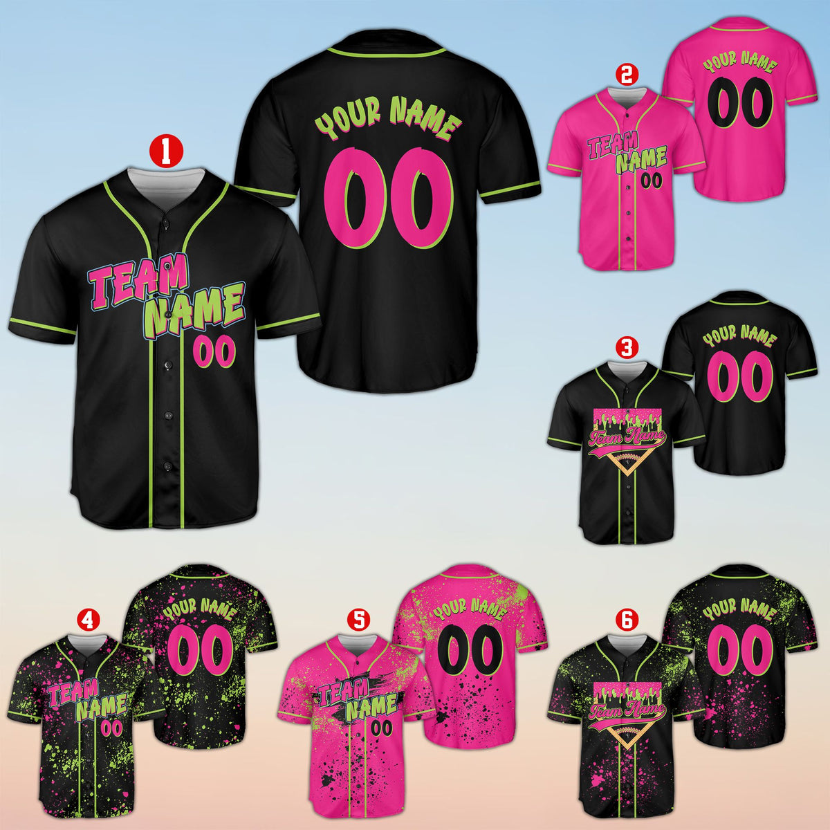 Multicolor splatter baseball jersey featuring neon accents, front view