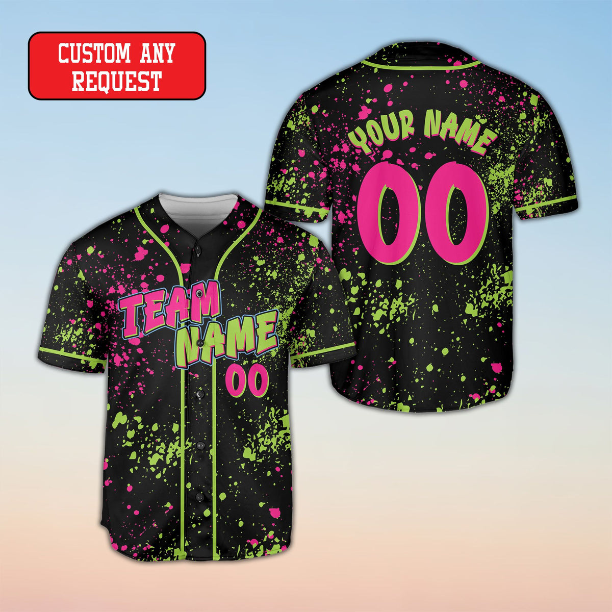 Vibrant multicolor paint splatter baseball jersey, front view