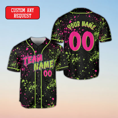 Vibrant multicolor paint splatter baseball jersey, front view
