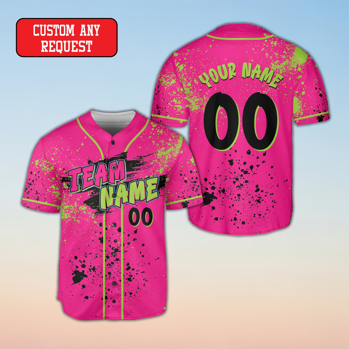 Personalized abstract splatter jersey with pink lettering, front view