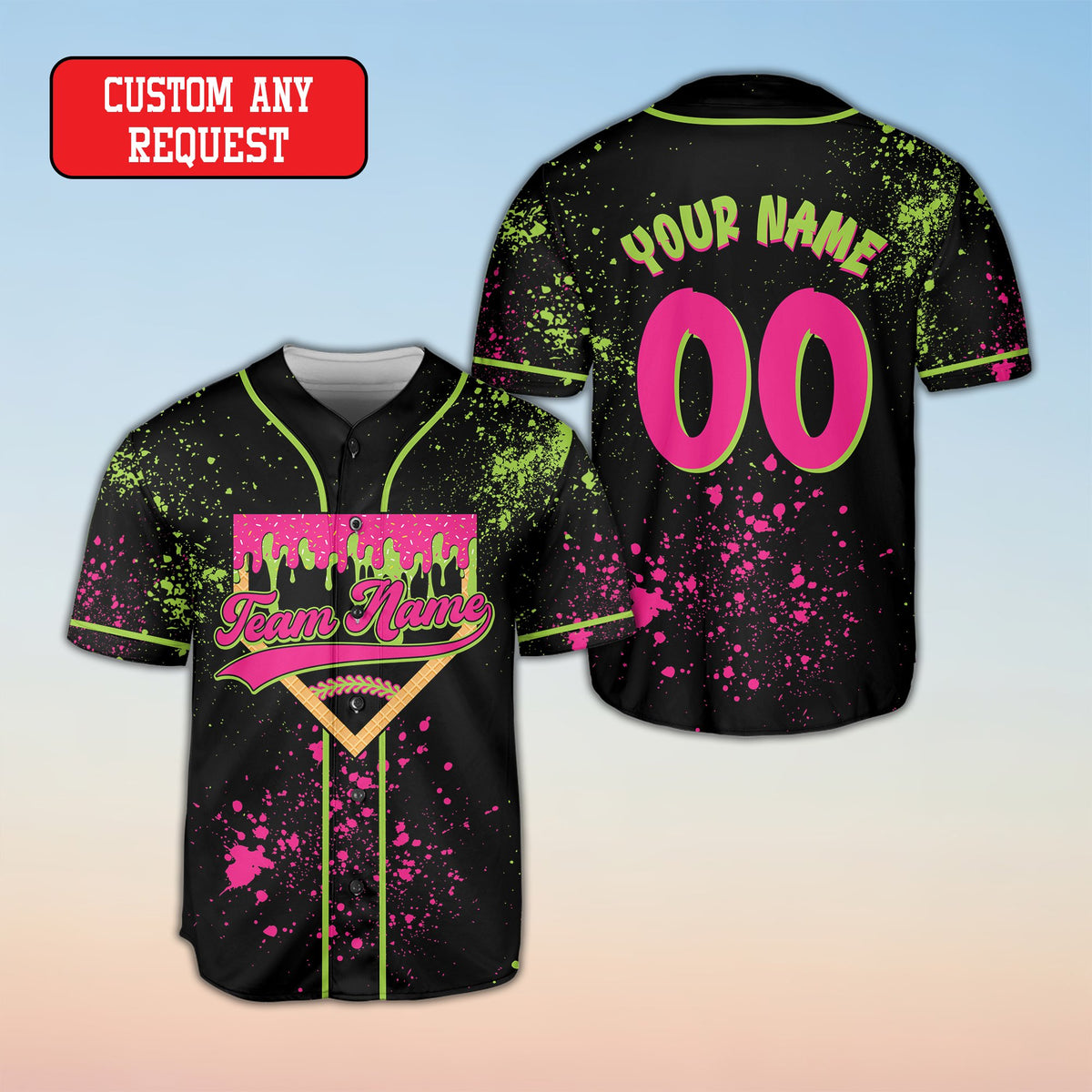 Custom paint baseball jersey showing abstract design elements, front view