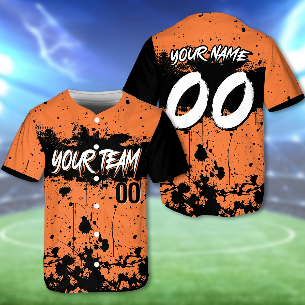 Personalized orange paint splatter baseball jersey, front view