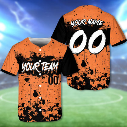 Personalized orange paint splatter baseball jersey, front view