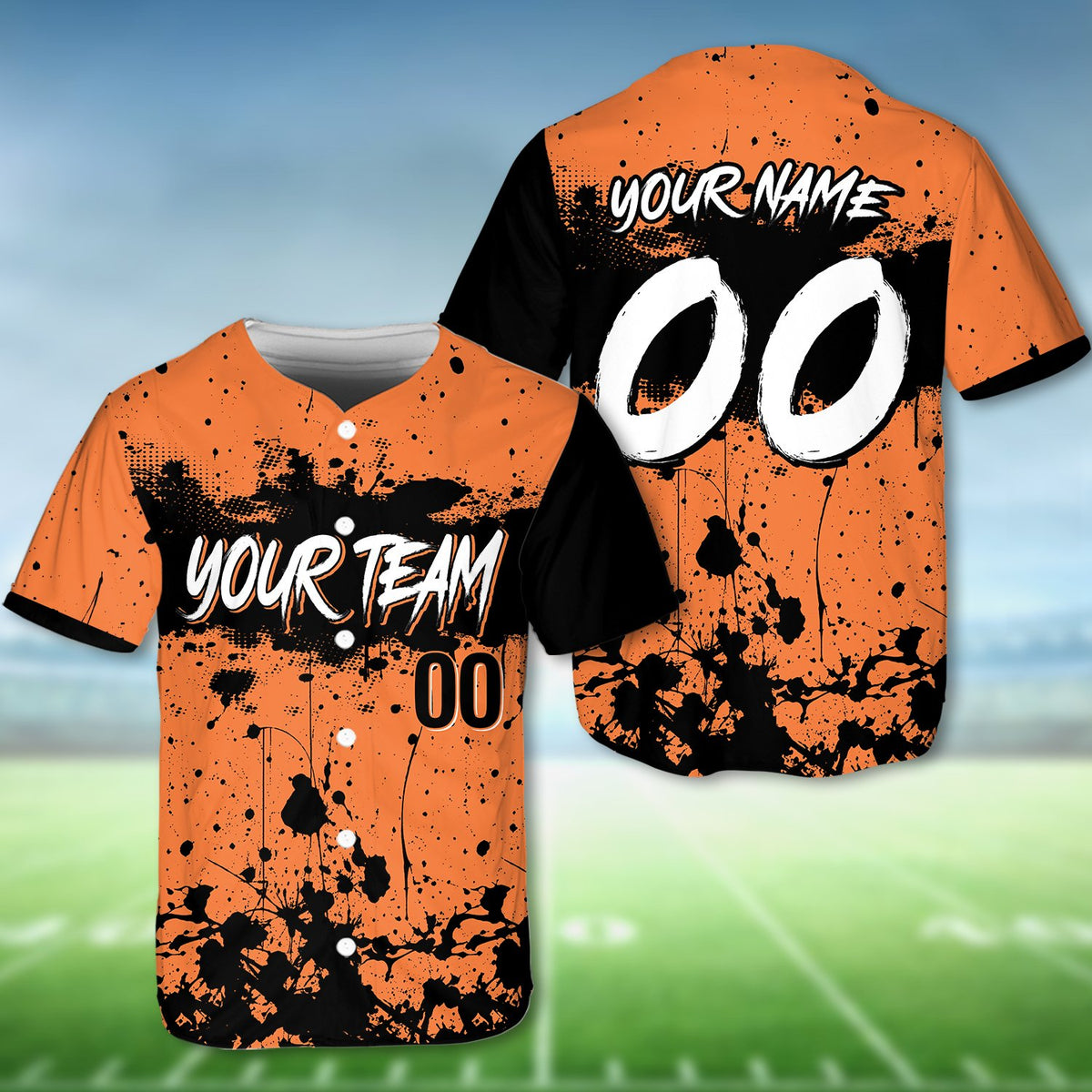 Personalized orange paint splatter baseball jersey, detailed front view