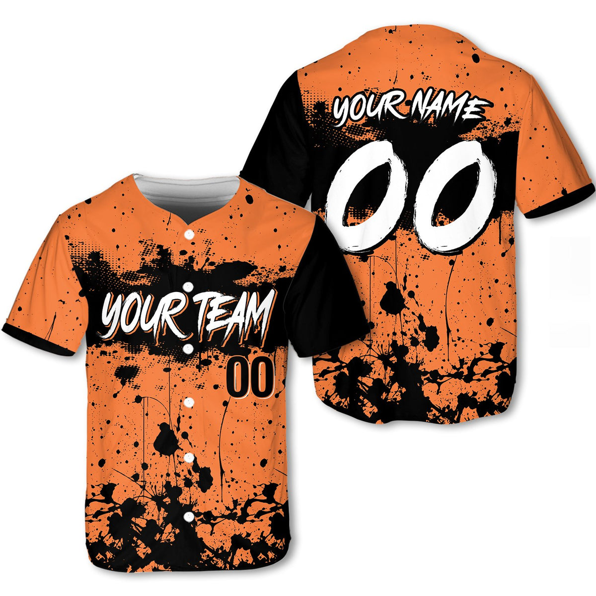 Personalized orange paint splatter baseball jersey, alternate view