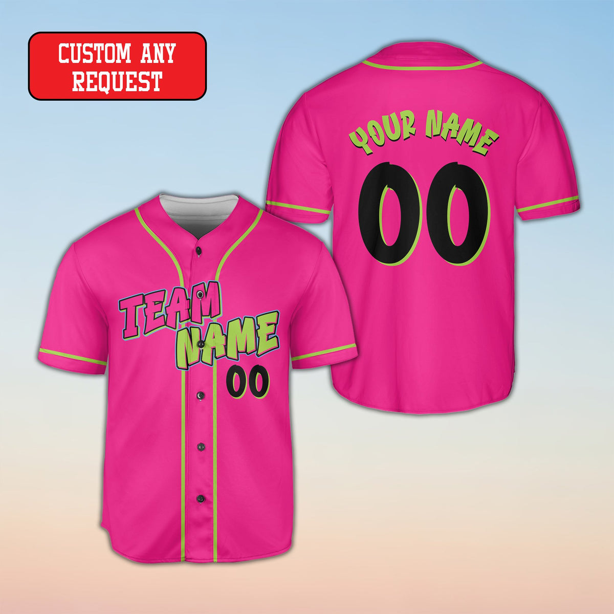 Personalized pink and black paint baseball jersey with custom name and number, front view