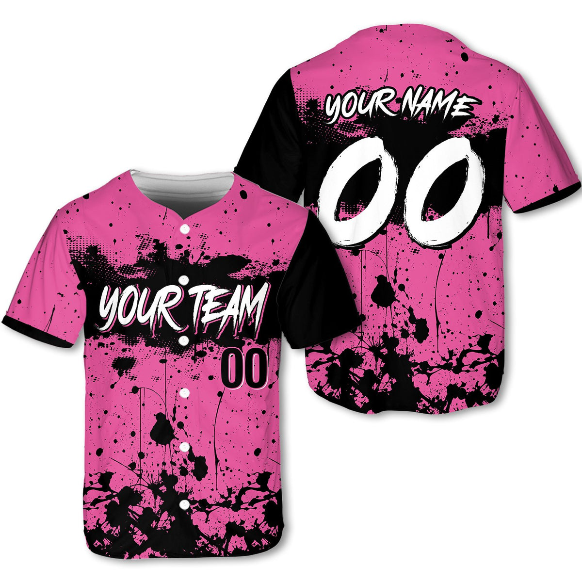 Personalized pink paint baseball jersey with custom name and number, front view