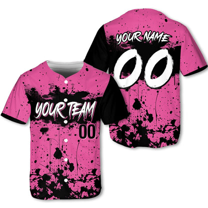 Personalized pink paint baseball jersey with custom name and number, front view