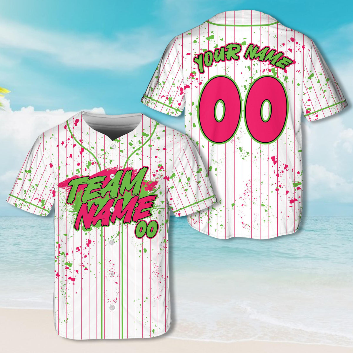 White personalized baseball jersey with dynamic neon paint splatters