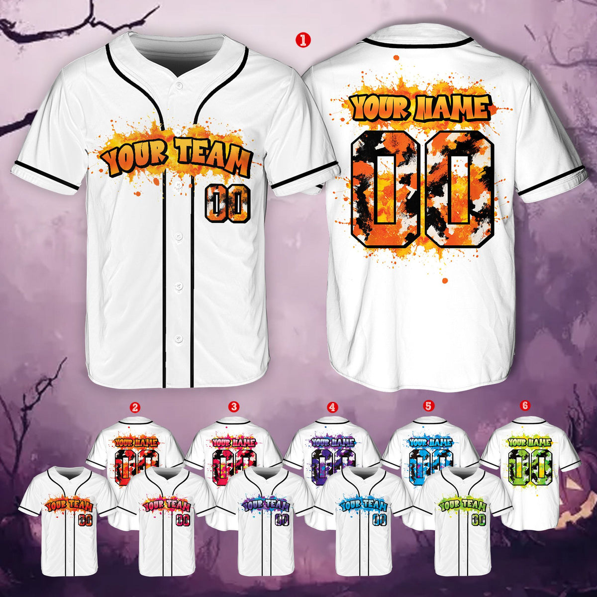 Front view of the white paint splatter baseball jersey, variant 2