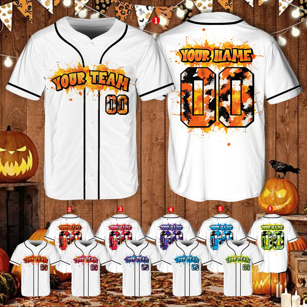 Front view of the white paint splatter baseball jersey, variant 3