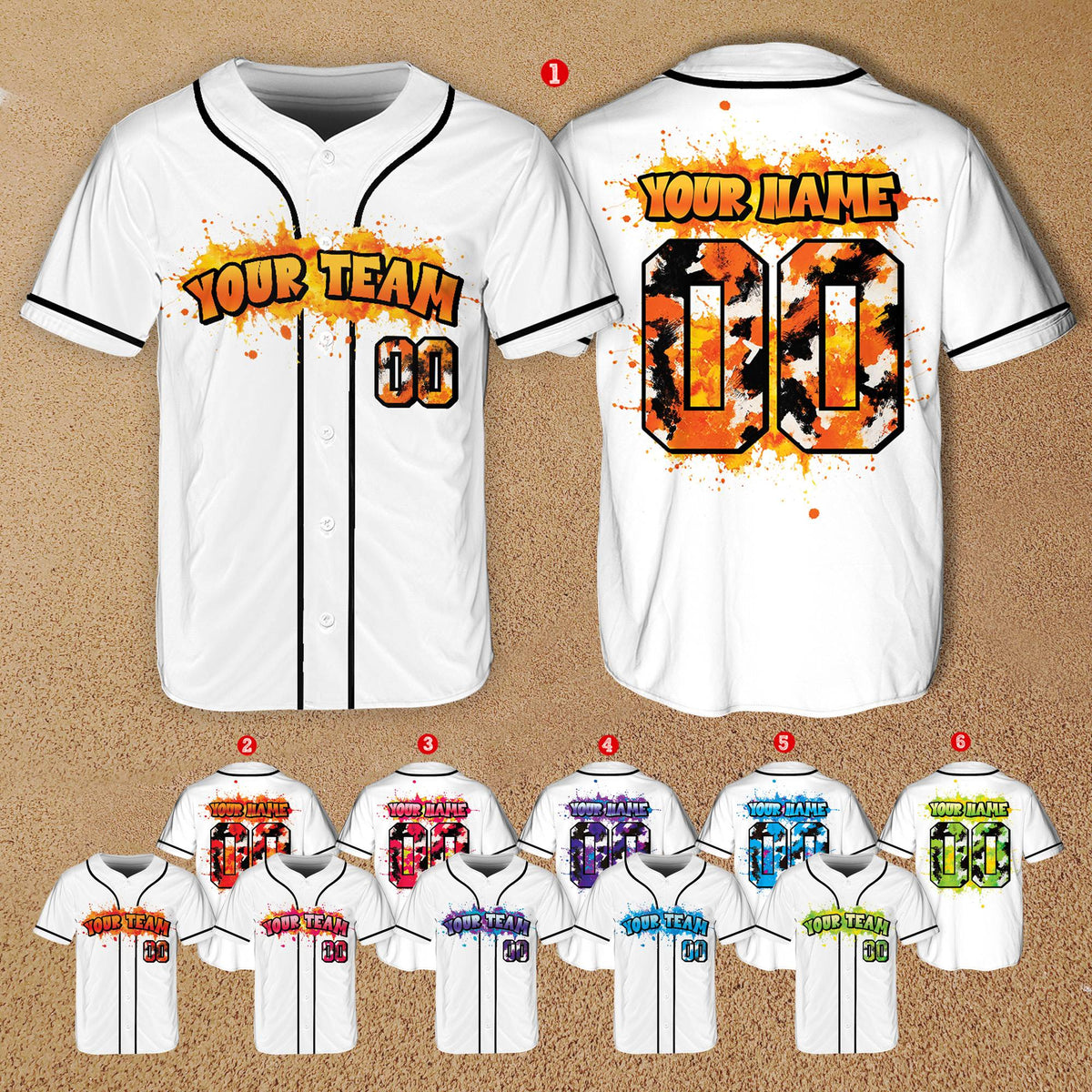 Front view of the white paint splatter baseball jersey, variant 4