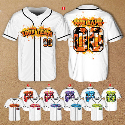 Front view of the white paint splatter baseball jersey, variant 4