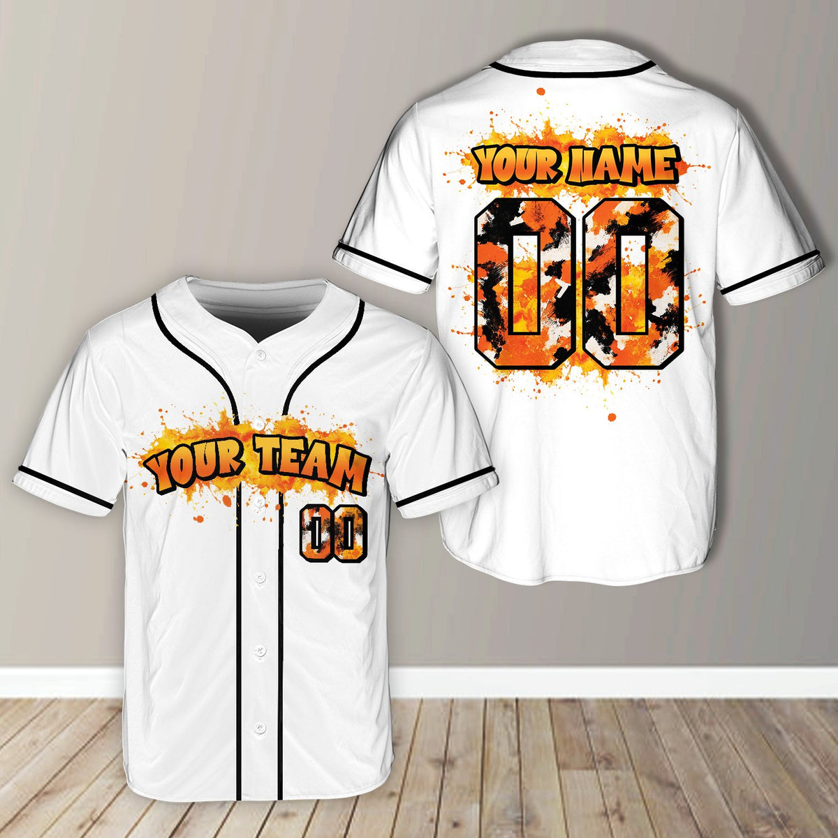 Front view of the white paint splatter baseball jersey, variant 5