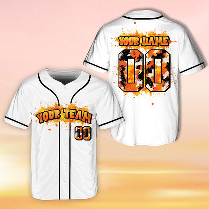 Front view of the white paint splatter baseball jersey, variant 6