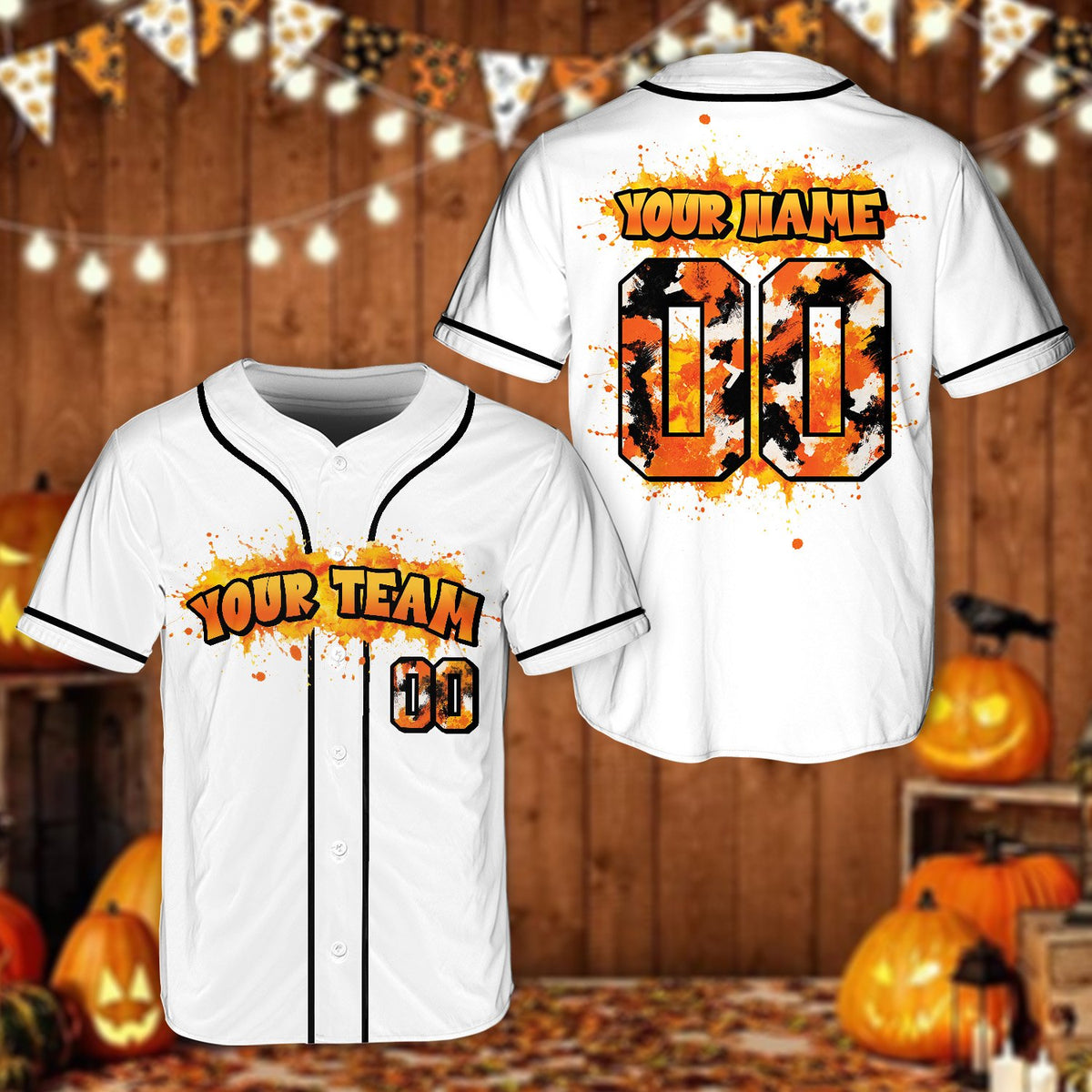 Front view of the white paint splatter baseball jersey, variant 7