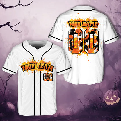 Front view of the white paint splatter baseball jersey, variant 8