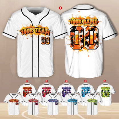 Personalized white paint baseball jersey with custom name and number, front view