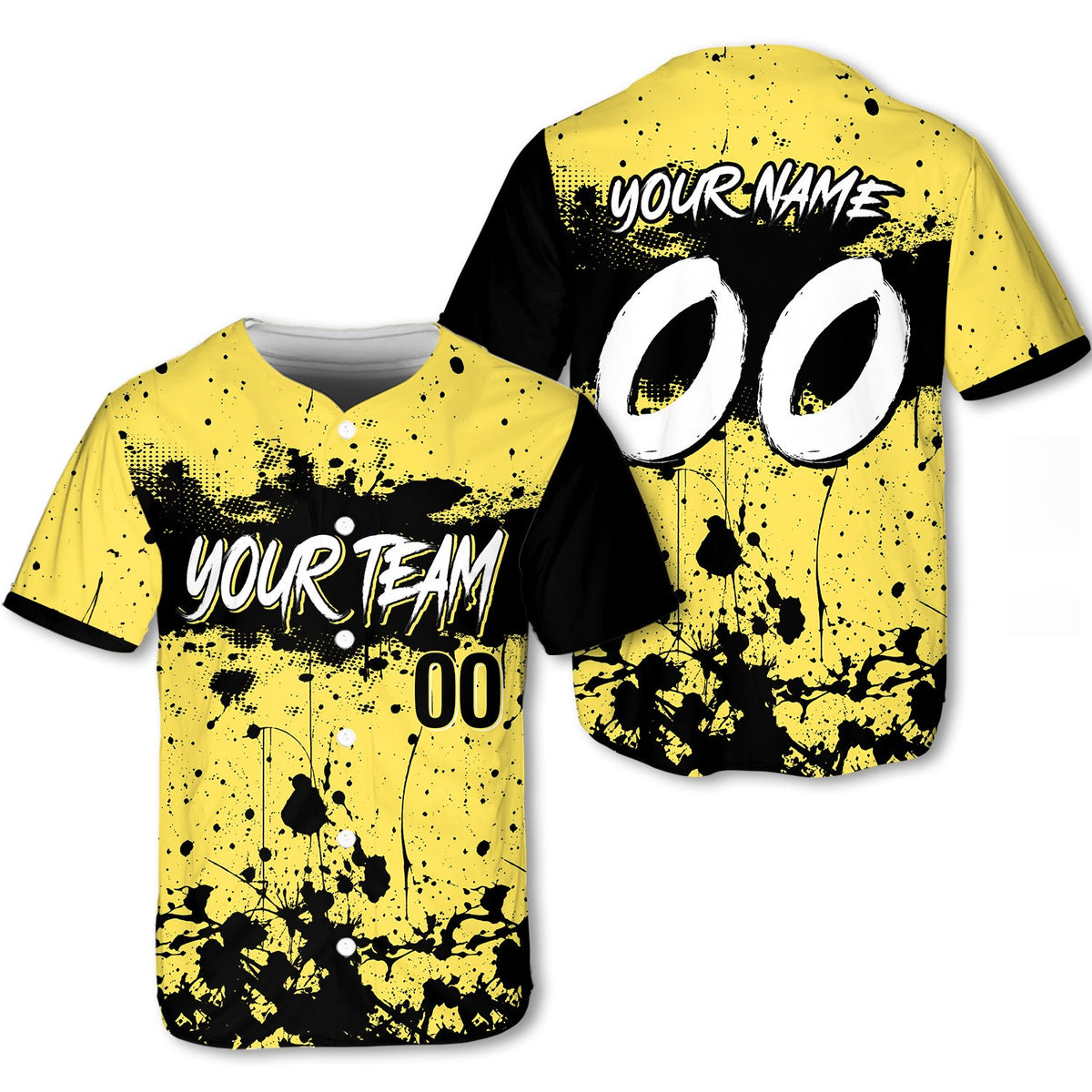 Personalized yellow paint splatter baseball jersey, front view