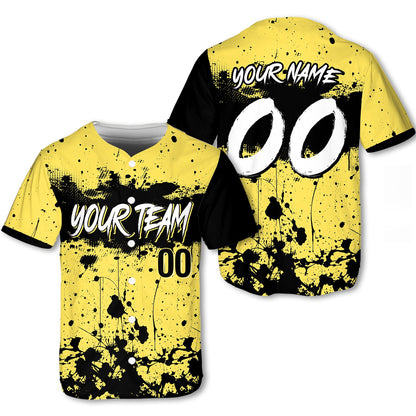 Personalized yellow paint splatter baseball jersey, front view