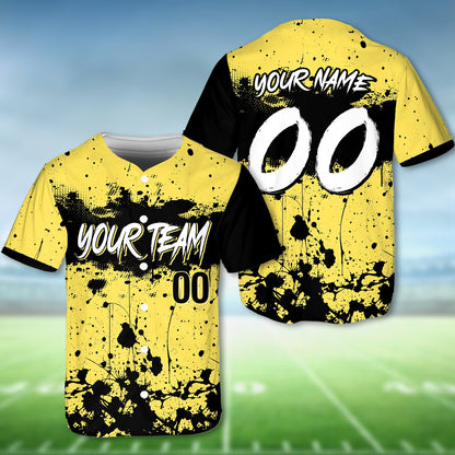 Personalized yellow paint splatter baseball jersey, detailed front view