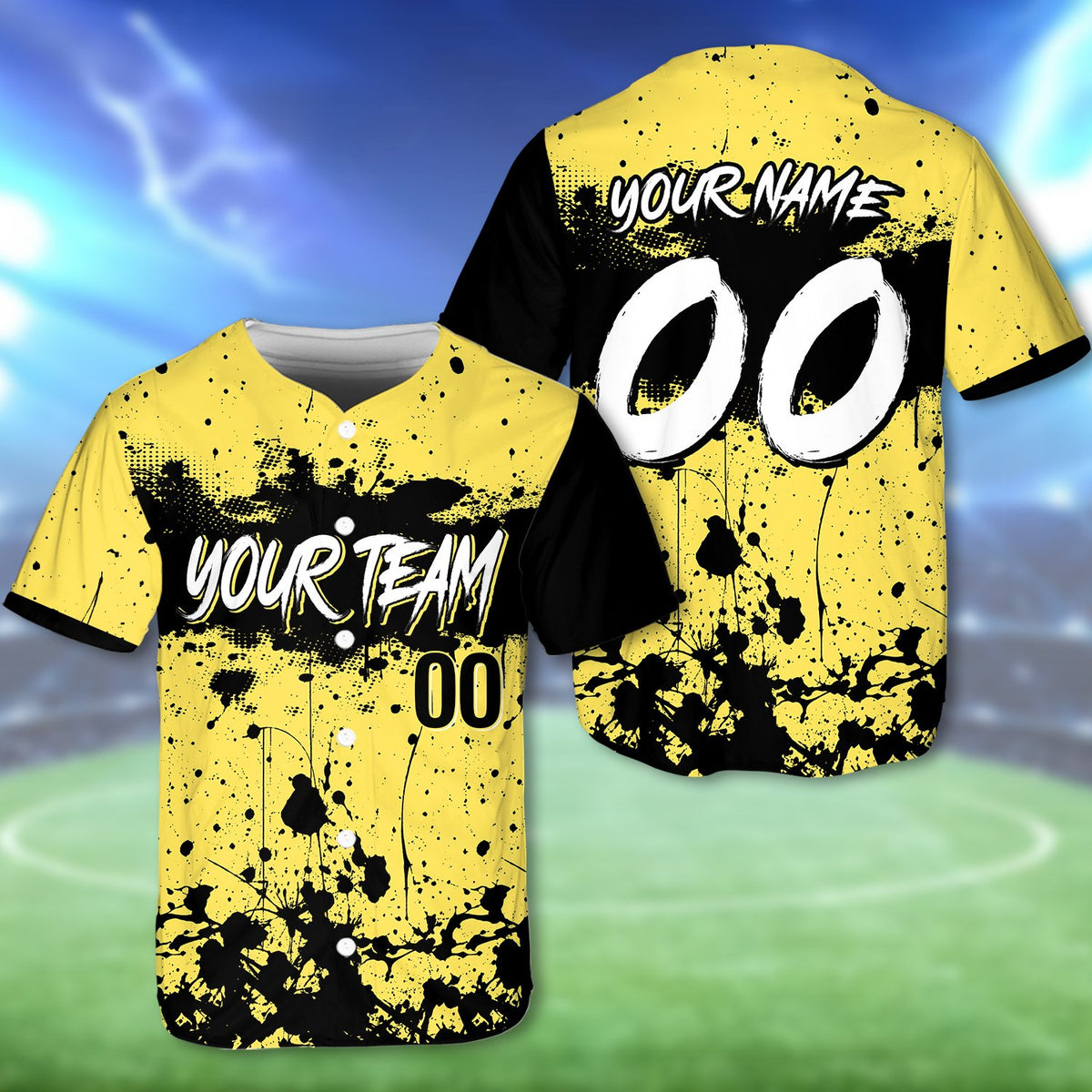 Personalized yellow paint splatter baseball jersey, alternate view