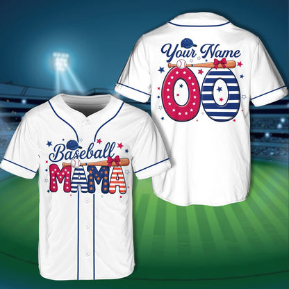 Close up of the custom name and number on the patriotic baseball jersey