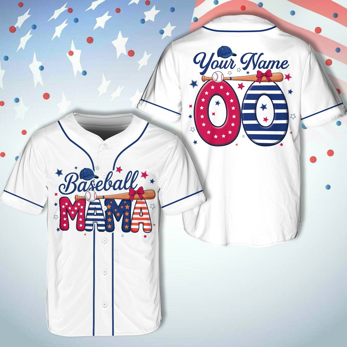 Detailed view of the stars and stripes letters on the custom baseball jersey