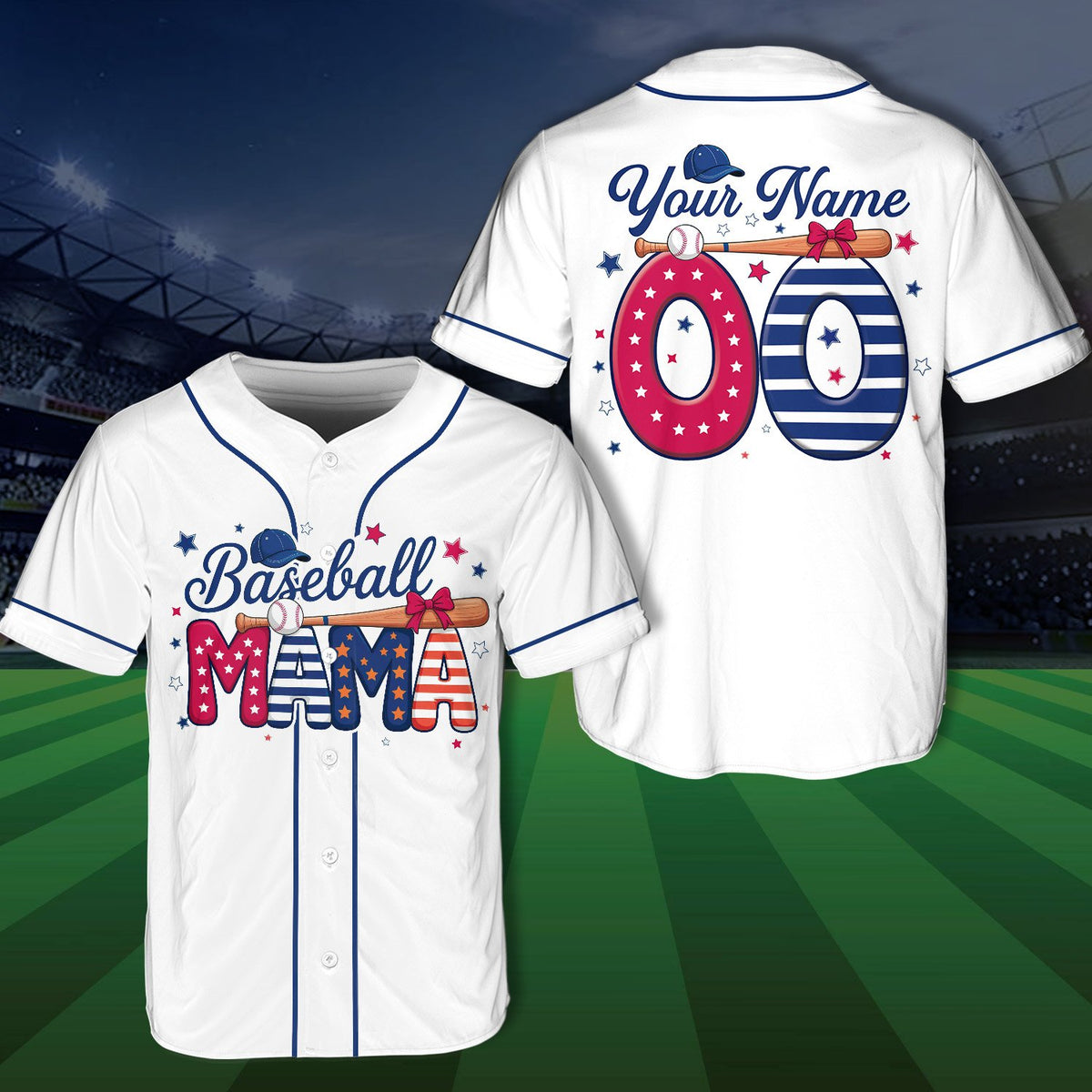 Front detail of the personalized baseball mama jersey with patriotic elements