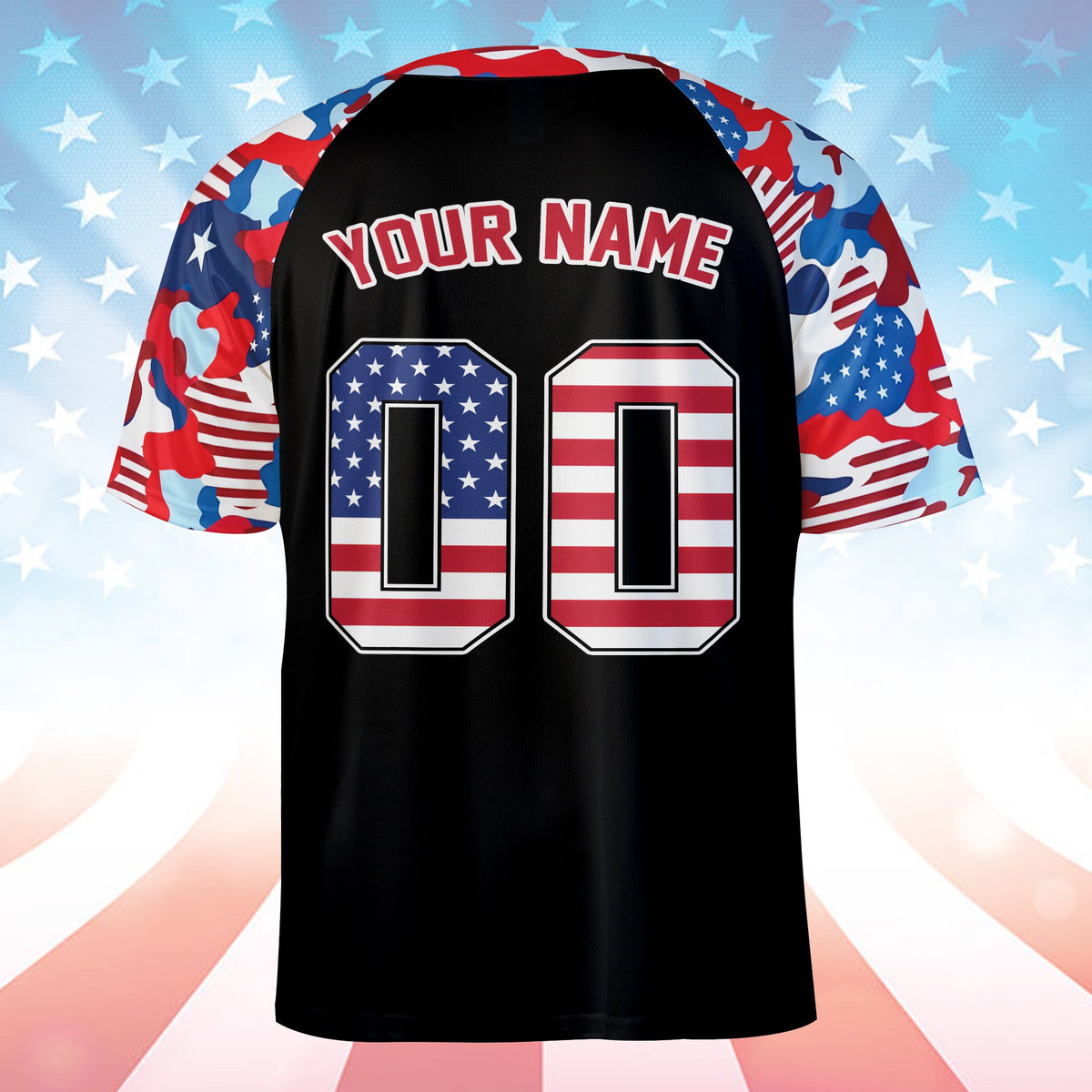 Back view of the personalized black patriotic baseball jersey showing custom name and flag pattern number