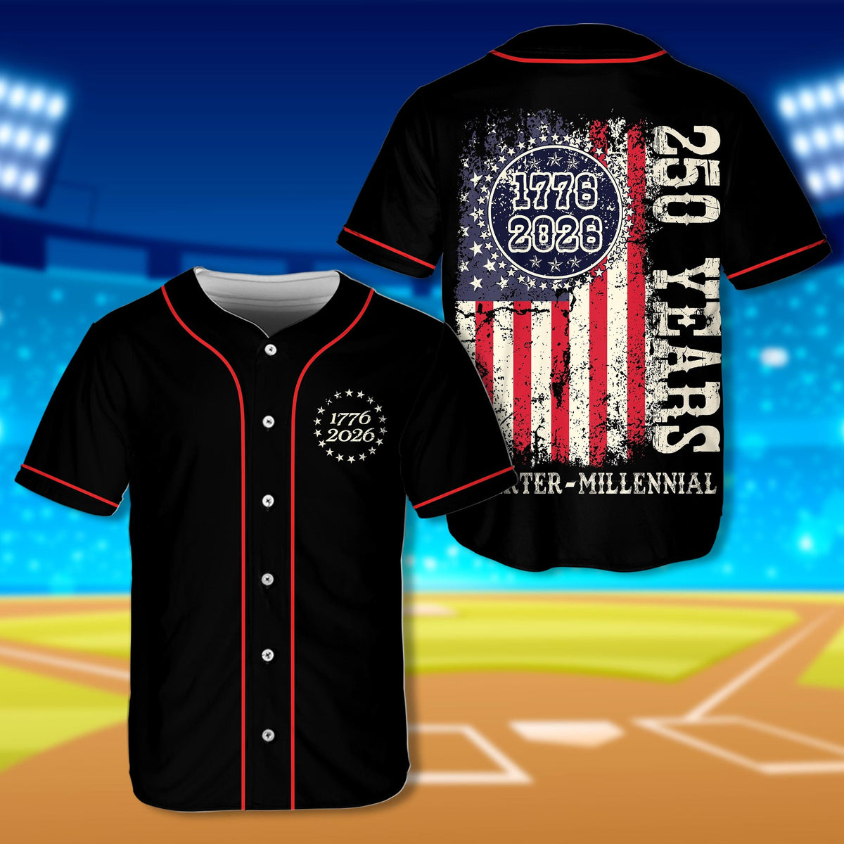 Black patriotic baseball jersey featuring 1776 and 2026 star circle design on the front