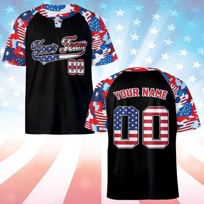 Detail front view of the patriotic camo baseball jersey