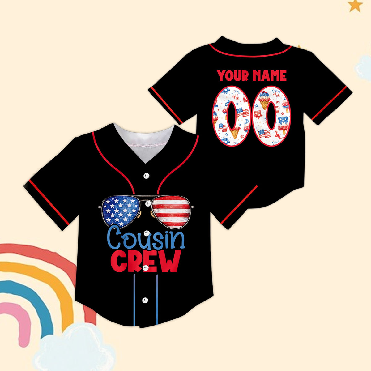 Front view of black patriotic baseball jersey featuring American flag sunglasses and Cousin Crew text