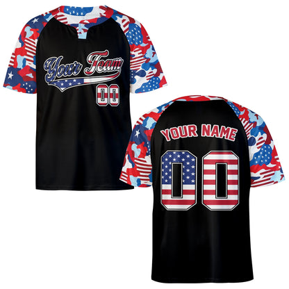 Front view of the black patriotic baseball jersey with custom script and flag wave design