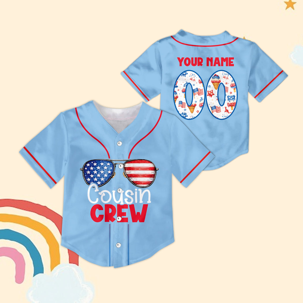 Front view of blue custom name baseball jersey for Fourth of July
