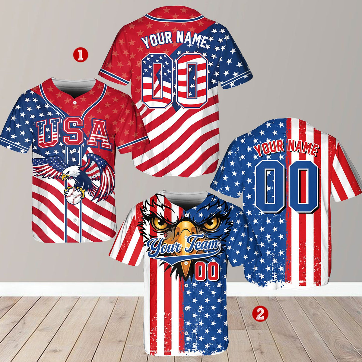 Detailed view of the patriotic eagle baseball jersey design
