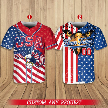 Fierce bald eagle face featured on the patriotic custom baseball jersey