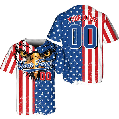 Another front view of the red, white, and blue patriotic baseball jersey