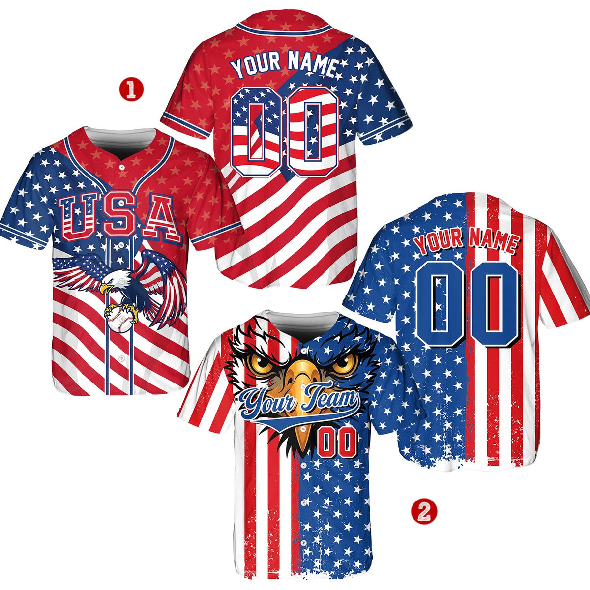 Front view of the custom baseball jersey with eagle and USA graphics