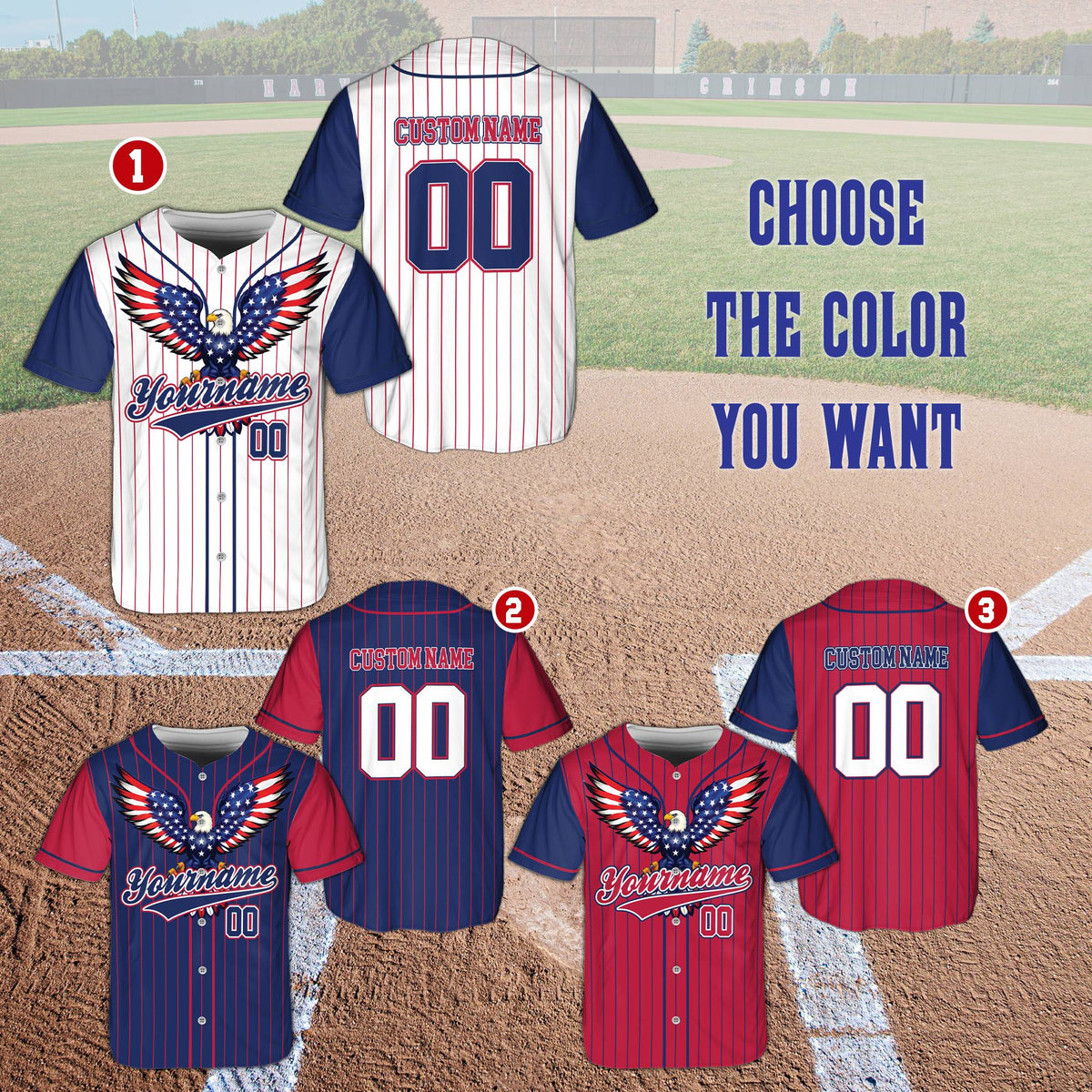 Front view of the patriotic custom baseball jersey with American flag details